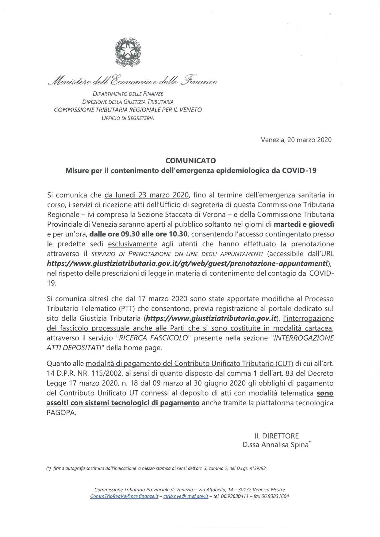 Provvedimento Ministero delle Finanze - Commissione Tributaria Regionale 20.03.2020